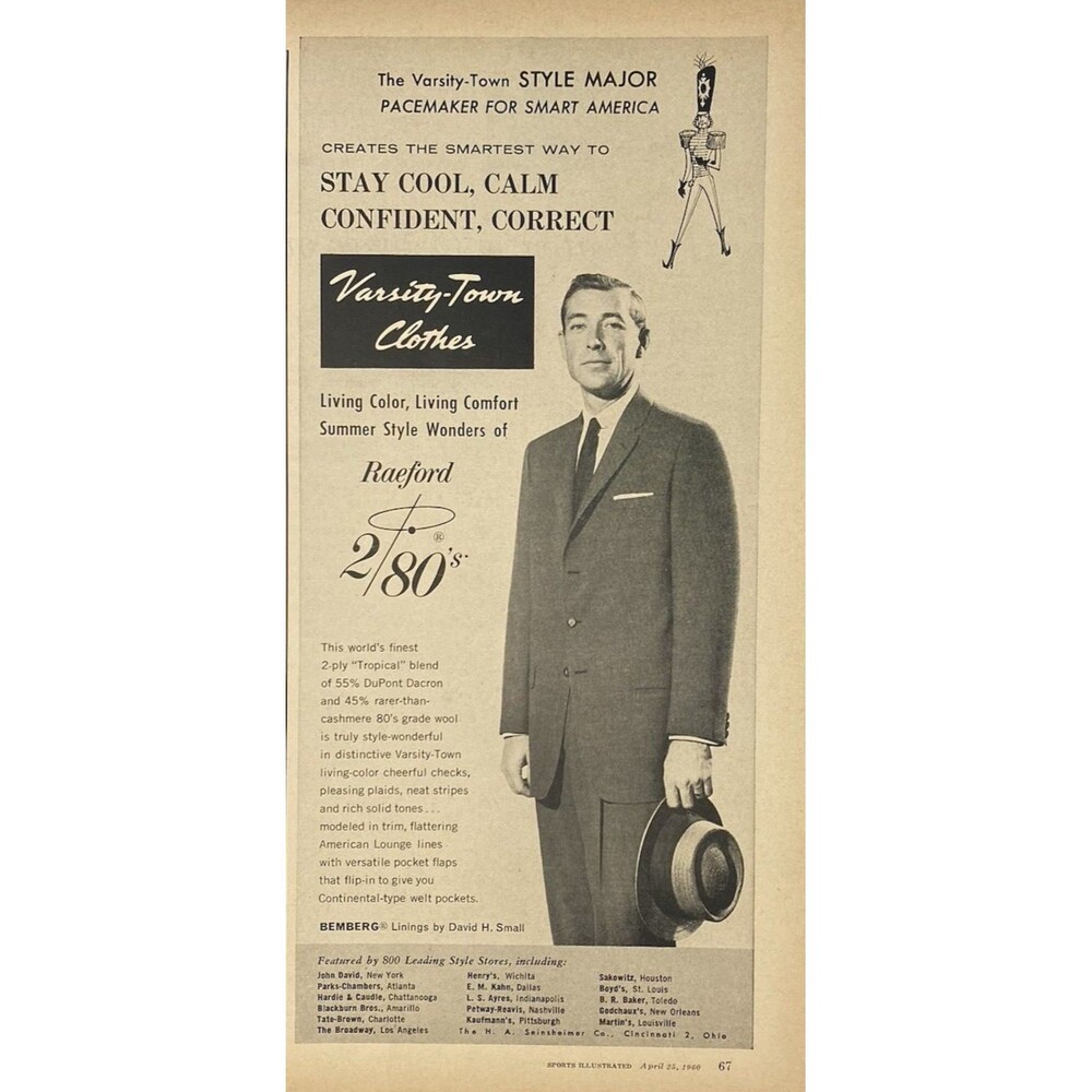 Varsity-Town Clothes "Stay Cool Calm Confident Correct" Vintage Print Ad 1960